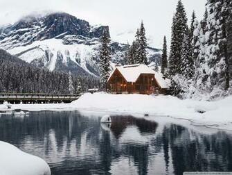 Rustic Cottage Lake Mountain Winter Snow 4k HD Desktop