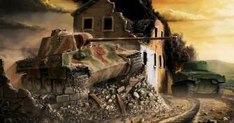 World Of Tanks Ruins Painting Art Panther Sherman Wallpaper