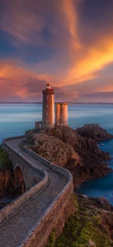 Wallpaper Brittany France Lighthouse Bridge Sea Clouds
