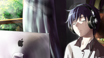 Anime Boy Crying In Front Of Apple Laptop Full HD 1080p 4k Wallpaper