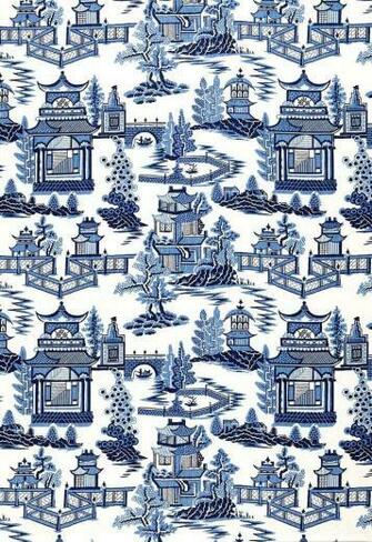 Schumacher Chinoiserie Pagoda Toile Linen Fabric Yards Blue