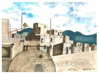 Taos Pueblo Watercolor Landscape Painting