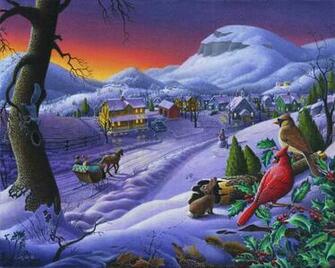Christmas Sleigh Ride Winter Landscape Oil Painting Cardinals