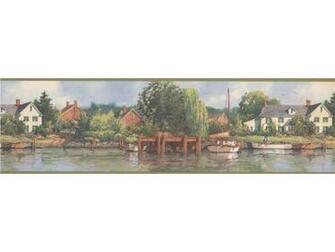 Olive White Boat Lakeshore Scenery Wallpaper Border