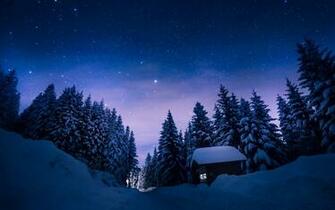 Stars Night Snow Forest House Wallpaper