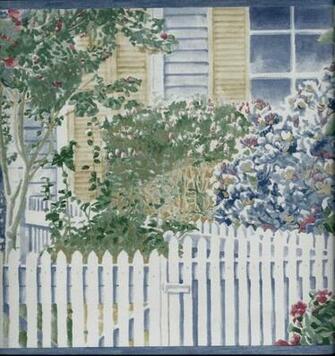 Scene With White Picket Fence Flower Garden Wallpaper Border