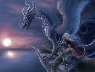 Large Blue Dragon With A Smaller Pink Looking At The Sunset