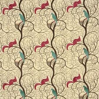 Sanderson Vintage Fabrics Squirrel Dove Embroidery Fabric Teal Red