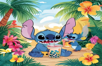 Stitch Drinking Boba Wallpaper