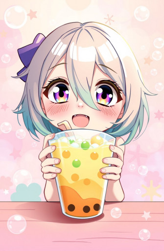 Cute Anime Girl Drinking Boba Wallpaper