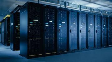 Shot Of Data Center With Multiple Rows Fully Operational Server