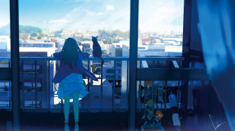 Cat Window City Anime Girls Reflection Sky