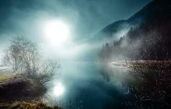 Wallpaper Night Moon Mist River Nature