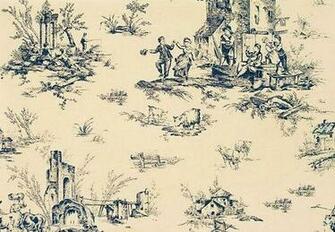 Admiral Blue And Almond French Countryside Village Toile Wallpaper
