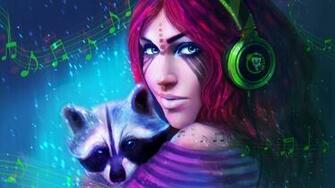 Painting Art Raccoon Headphones Redhead Girl Glance Face