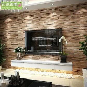 Wood Blocks Effect Brown Stone Brick 10m Vinyl Wallpaper Roll Living