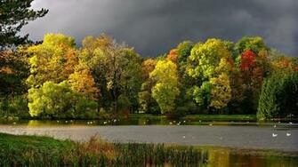 Autumn Trees Gray Lake Stormy Desktop Pc And Mac Wallpaper