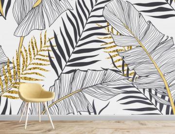 Black White Gold Look Exotic Tropical Leaves Wallpaper