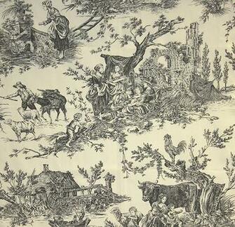 Toile Fabric Pastoral Scenic De Jouy In Black On Cream
