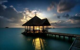 Pier Hut Water Clouds Sunset Reflection Landscape Shadow