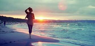 Mood Girl Sand Sea Water Wave Signs People Sun Sunset Background