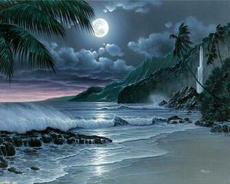Lonesome Night Ocean Painting Sand Waterfall HD Wallpaper Full Size