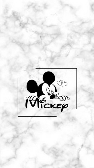 The Mickey Mouse Logo Is Shown On A White Marble Background With Black Wallpaper