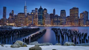 Manhattan New York City Lights Cityscape Blizzard Night