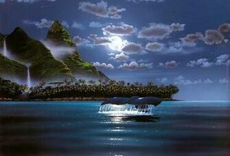 Wallpaper Ocean Graphics Night Moon Whale Clouds Mountains
