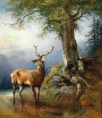 A Stag By Lake Gosau In The Background Dachstein Massif