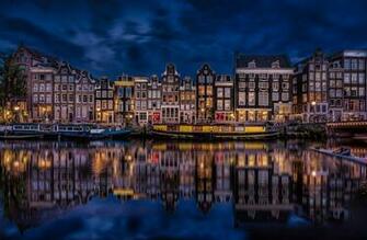 Man Made Amsterdam House Reflection Boat Netherlands Canal Night