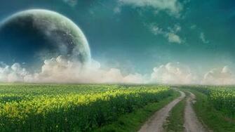 Planets Grass Green Sky Clouds