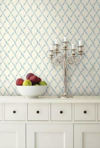 Blue Floral Trellis Wallpaper Traditional Kitchen Other Metro