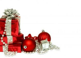 Red Christmas Decorations And Gifts On White