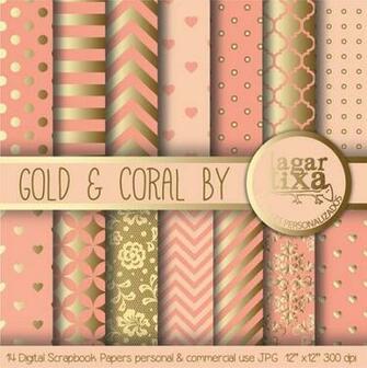 Gold Coral Salmon Peach Digital Paper Background Chevron Polka Dots H