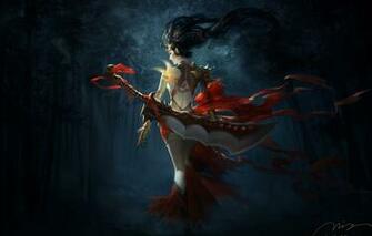 Wallpaper Forest Girl Night Weapons Bird Dark Sword Bamboo