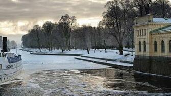 Wallpaper Winter River Boats Snow Houses Uppsala Sweden