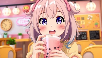 Cute Anime Girl Drinking Boba Wallpaper
