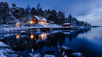 Lakeside Winter Cabin Wallpaper World