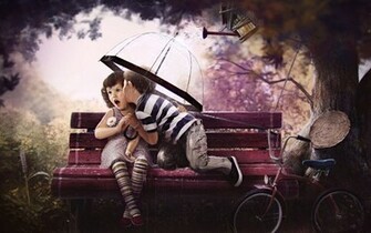 Cute Baby Girl And Boy Kissing On The Bench HD Wallpaper Little