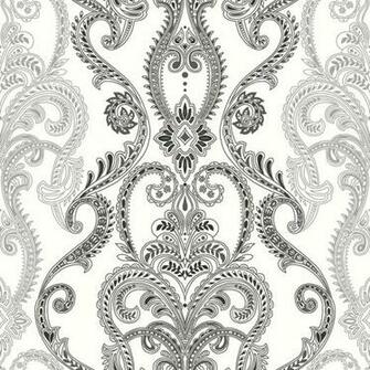 Damask With Charcoal And Silver Accents On A Crisp White Ground