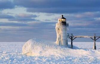 Landscape Winter Frozen Lake Michigan And St Joseph Lighthouse HD