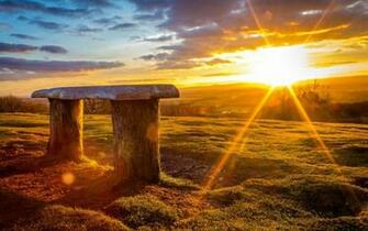 Sunset Sun Sky Clouds Bench Lawn Landscape Nature Wallpaper