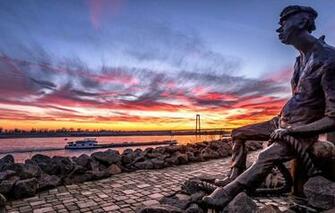 Wallpaper Sunset River Germany Sculpture Promenade