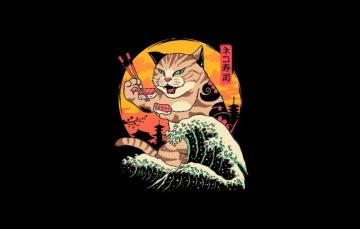 Wallpaper Minimalism Japan Cat Wave Style Sushi Background