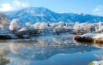 Winter Landscape Of The Small River And Mountains HD Desktop Wallpaper
