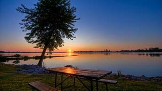 Lakeside Picnic Table Widescreen Wallpaper