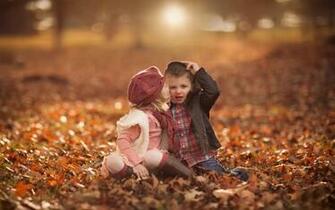Cute Girl Kiss Boy Fall Leaves X Close