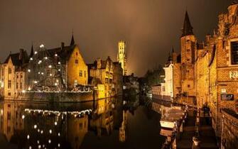 HD Brugge Night Lights Buildings Water Canal Reflection 1080p