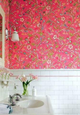 Wallpaper Pink Botanical White Subway Tile